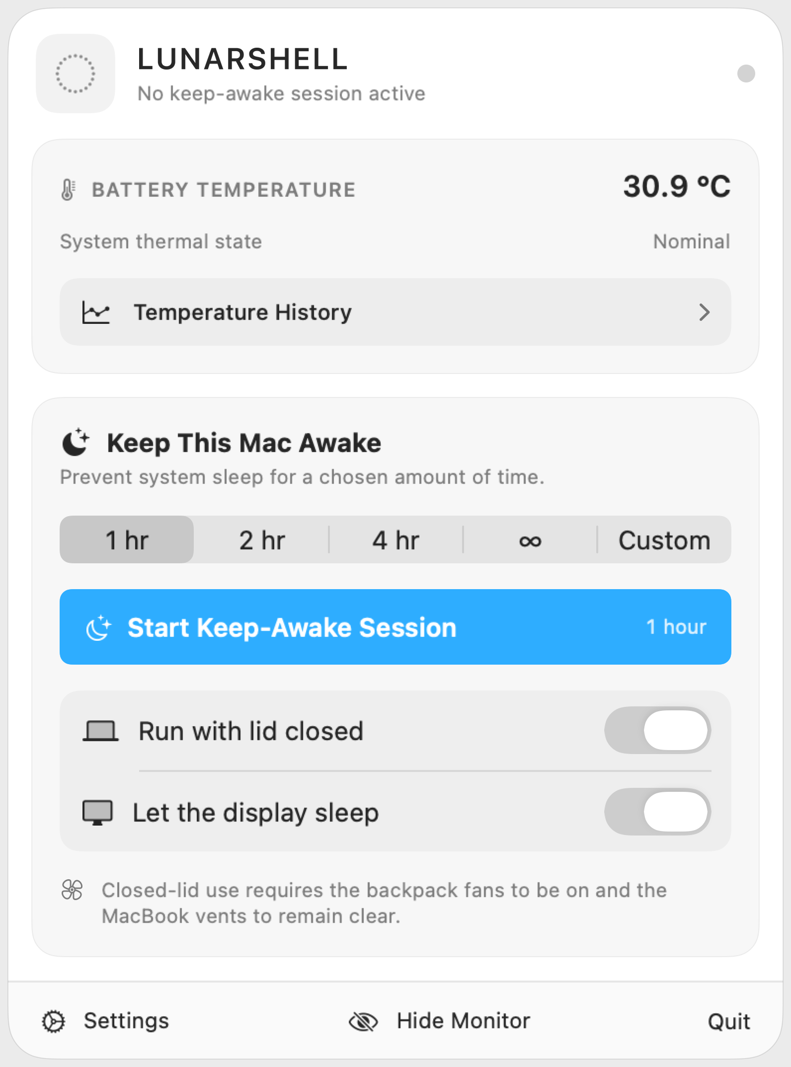 LunarShell keep-awake controls in the menu bar